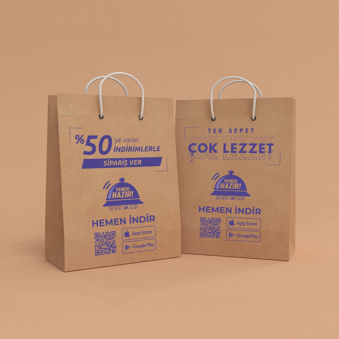 Yemek Hazır! platformunun kampanya ve logosu kullanılarak kraft poşet tasarımı hazırlandı.